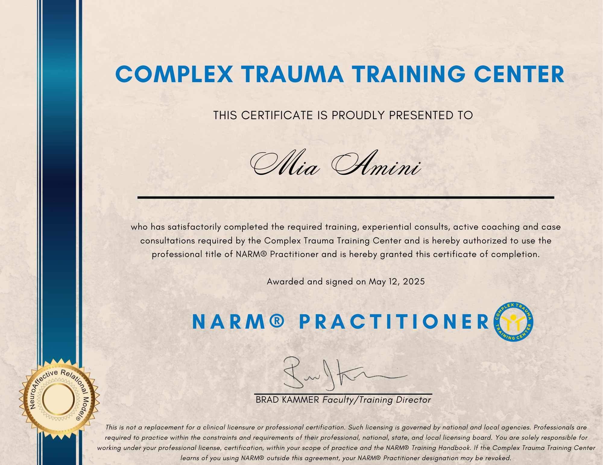 Certified NARM® Practitioner, Complex Trauma Training Center